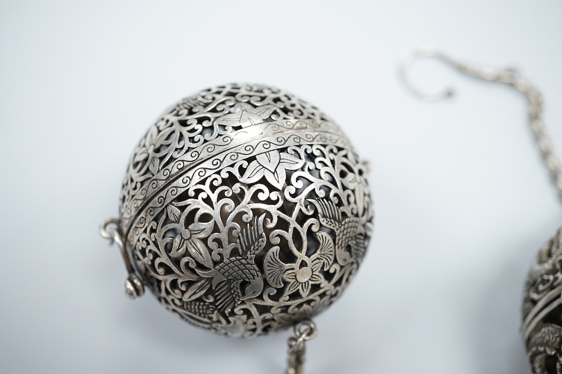 Two Chinese white metal pomanders
